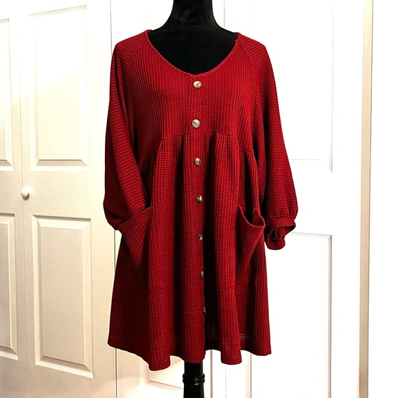 Umgee Waffle Knit Burgundy Midi oversized Dress sz Large - Picture 2 of 14